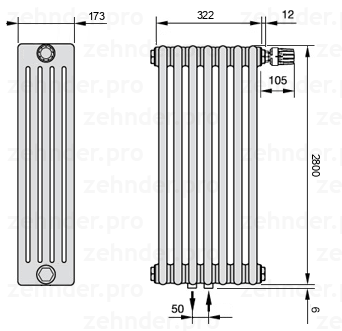 Схема (чертеж) Радиатор Zehnder Charleston 5280/7 №V008 Белый глянцевый RAL 9016
